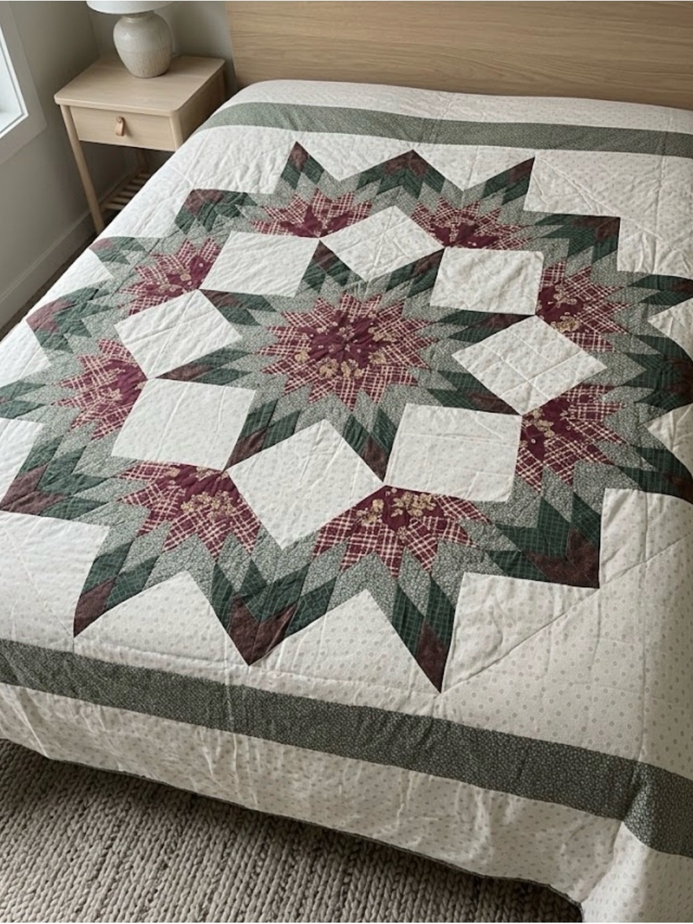 Vintage Star Patchwork Quilt in White, Green, and Burgundy